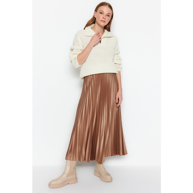 Trendyol Mink Pleated Maxi Knitted Skirt