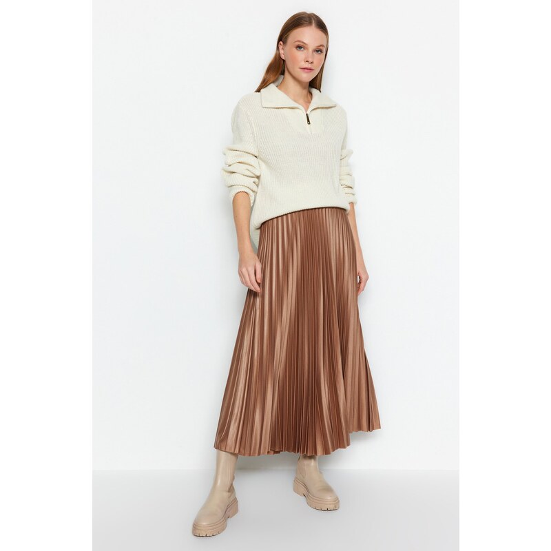 Trendyol Mink Pleated Maxi Knitted Skirt