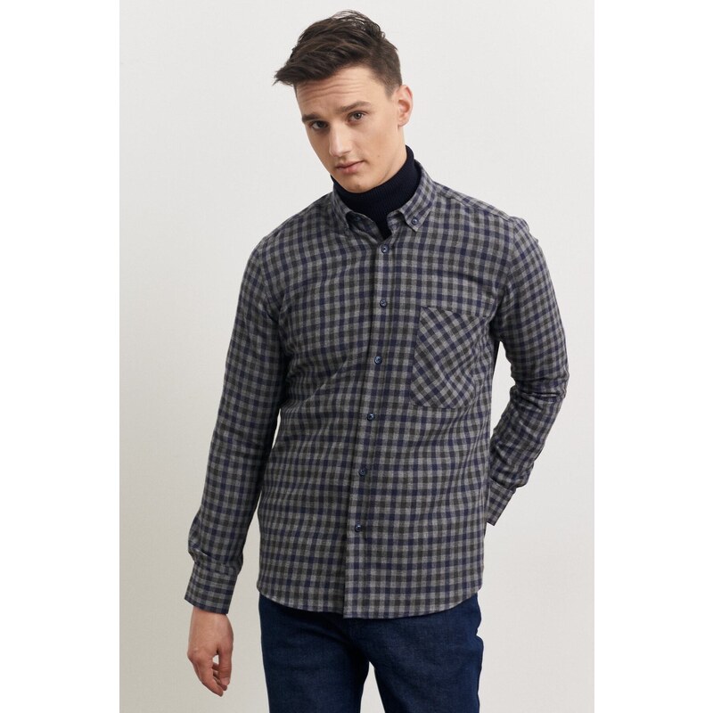 AC&Co / Altınyıldız Classics Men's Grey-navy Blue Slim Fit Slim Fit Button-down Collar Gingham Lumberjack Shirt