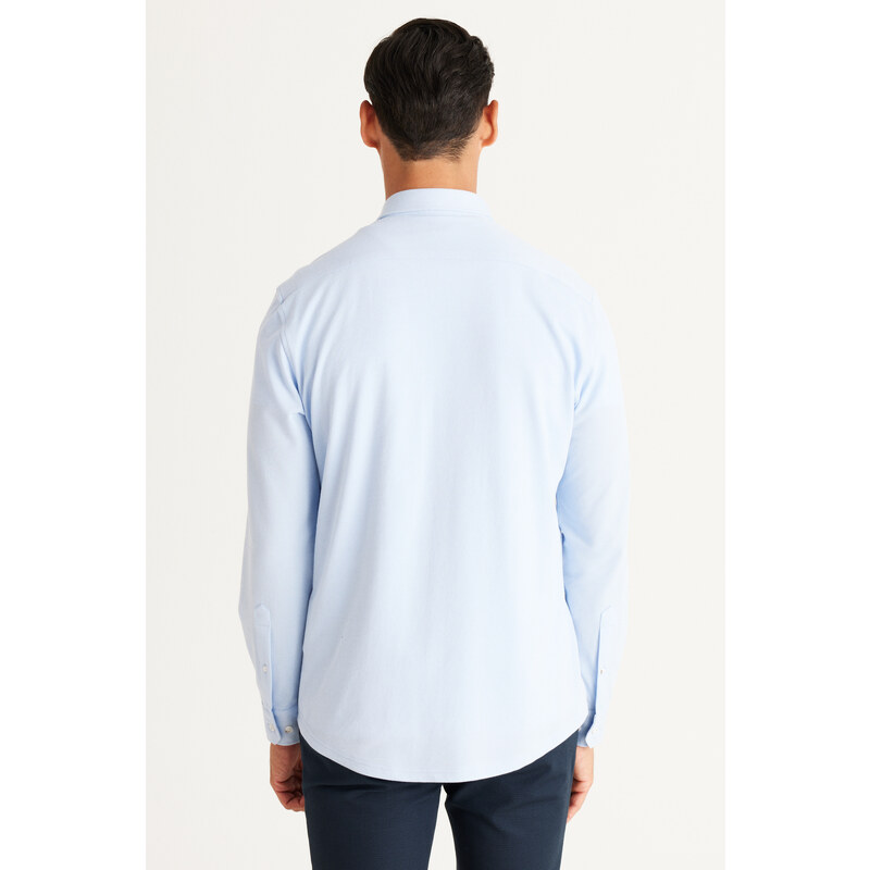 ALTINYILDIZ CLASSICS Men's Light Blue Slim Fit Slim Fit Button-down Collar Pique Patterned Knitted Shirt.