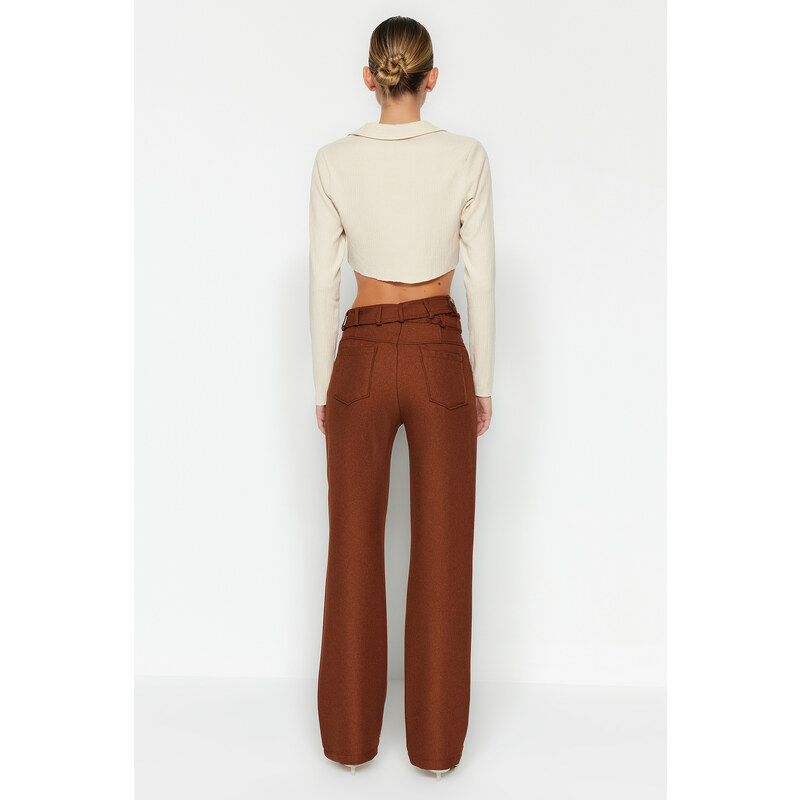 Trendyol Brown High Waist Straight Cut Woven Belt Detailed Kalhoty