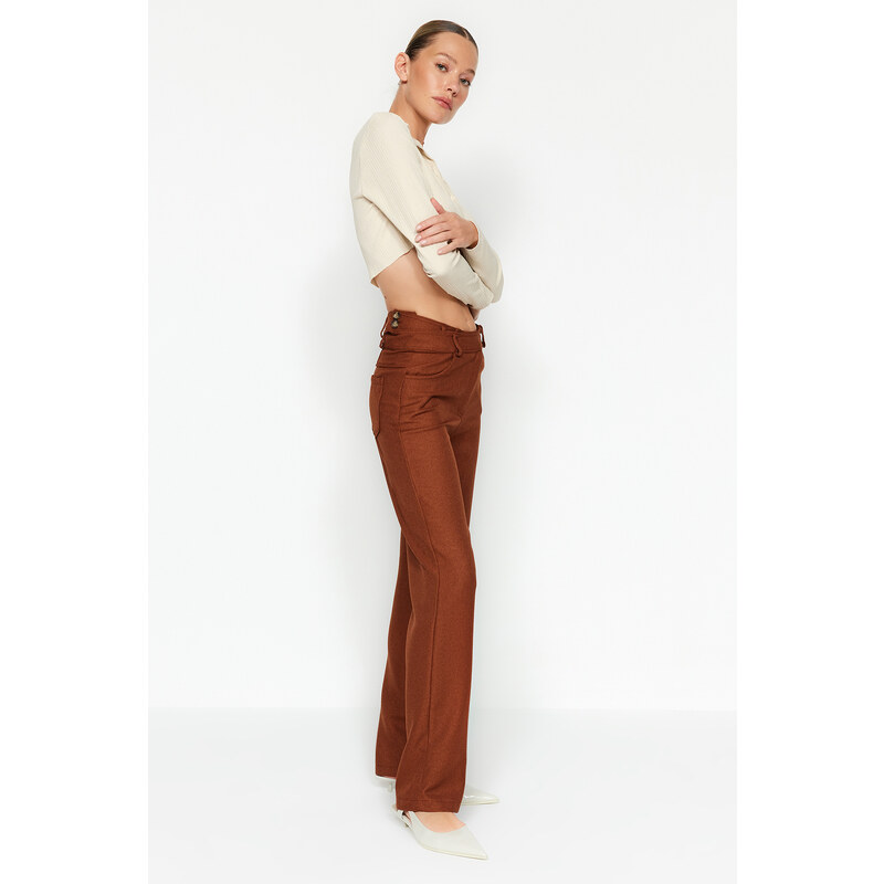 Trendyol Brown High Waist Straight Cut Woven Belt Detailed Kalhoty