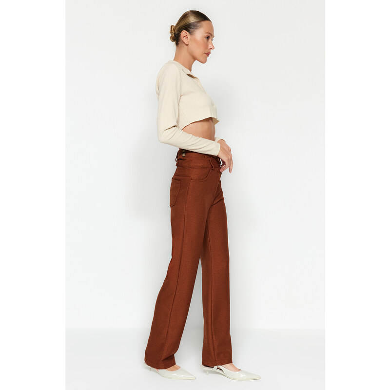 Trendyol Brown High Waist Straight Cut Woven Belt Detailed Kalhoty