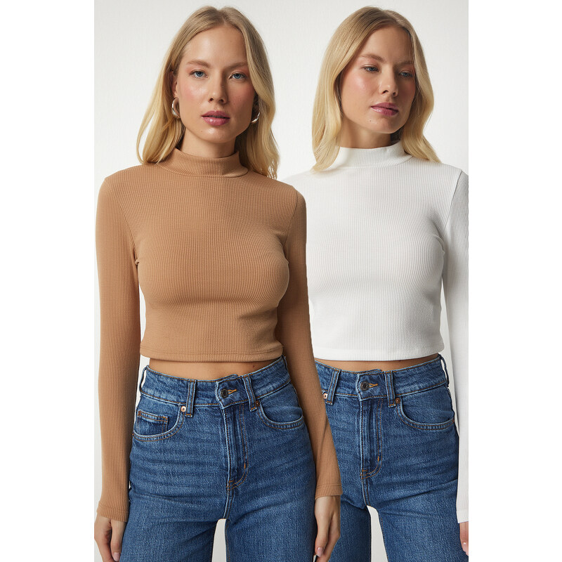 Happiness İstanbul Women's White Biscuit High Neck Ribbed Camisole 2-Pack Crop Blouse