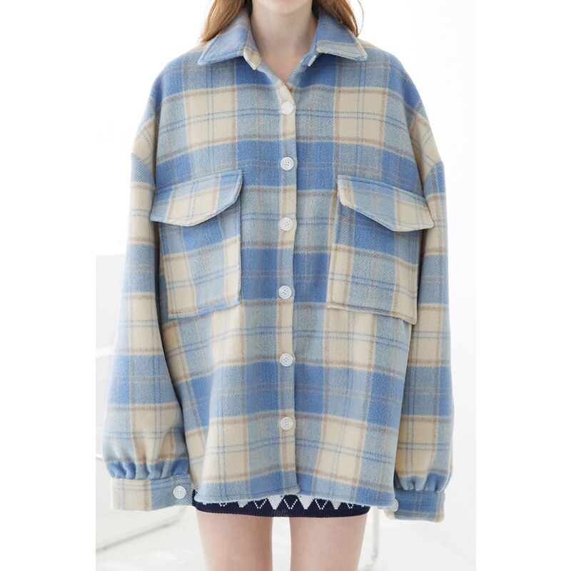 Madmext Mad Girls Turquoise Plaid Jacket Mg042