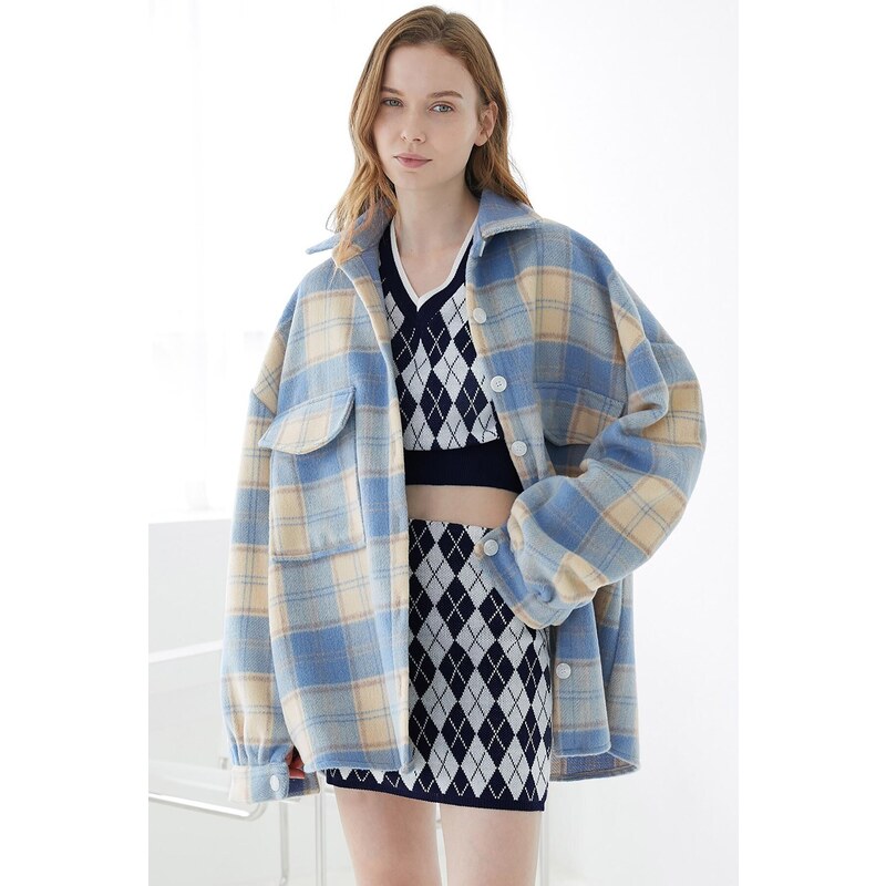 Madmext Mad Girls Turquoise Plaid Jacket Mg042