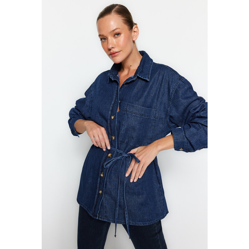 Trendyol Dark Blue Belt Denim Shirt