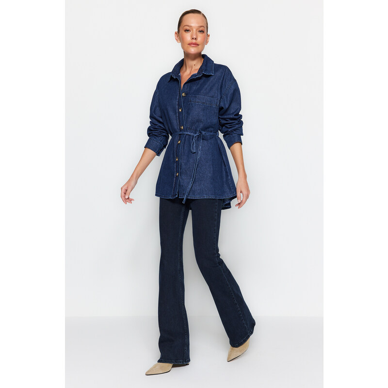 Trendyol Dark Blue Belt Denim Shirt