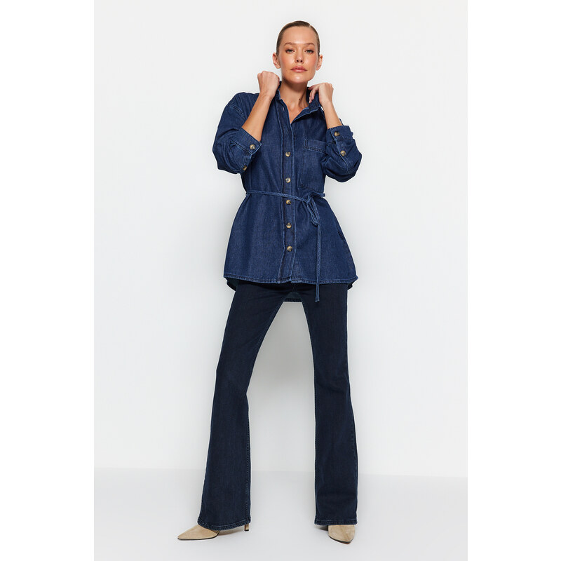 Trendyol Dark Blue Belt Denim Shirt