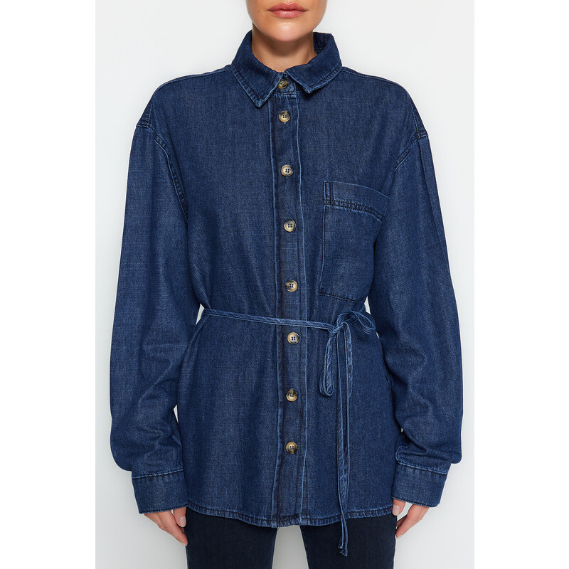 Trendyol Dark Blue Belt Denim Shirt