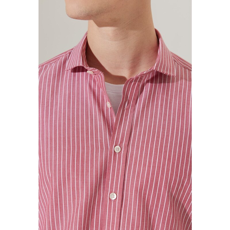 AC&Co / Altınyıldız Classics Men's Claret red-white Slim Fit Slim Fit Small Italian Collar 100% Cotton Striped Shirt.