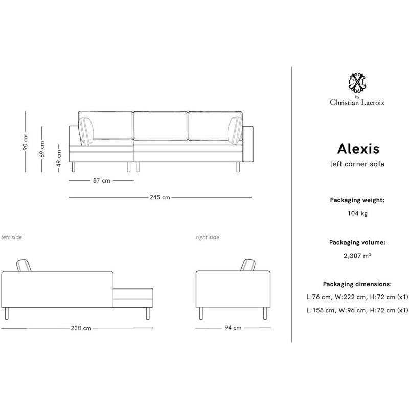 CXL by Christian Lacroix Světle modrá manšestrová rohová pohovka CXL Alexis 245 cm, levá