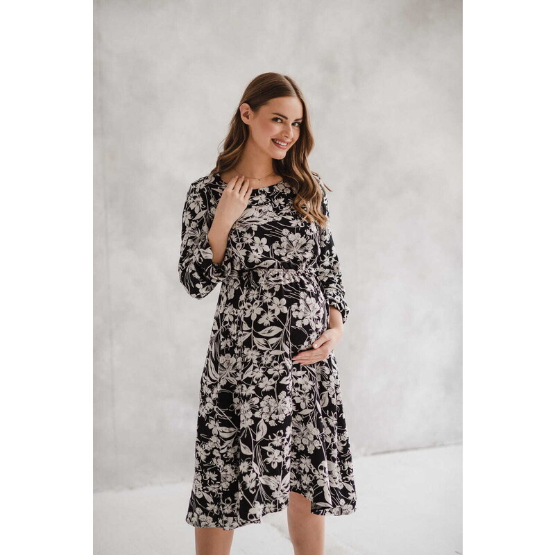 milk & love Těhotenské, kojící šaty, dl.rukáv, Lovely Midi Dress Black print
