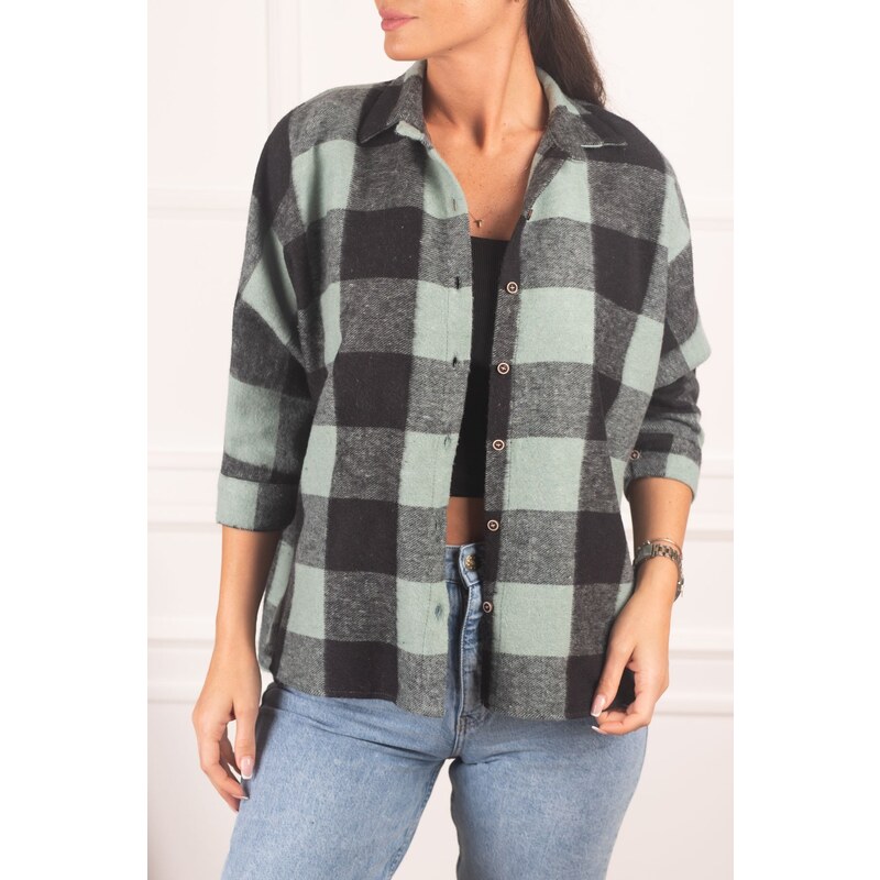 armonika Women's Mint Square Patterned Casual Shirt