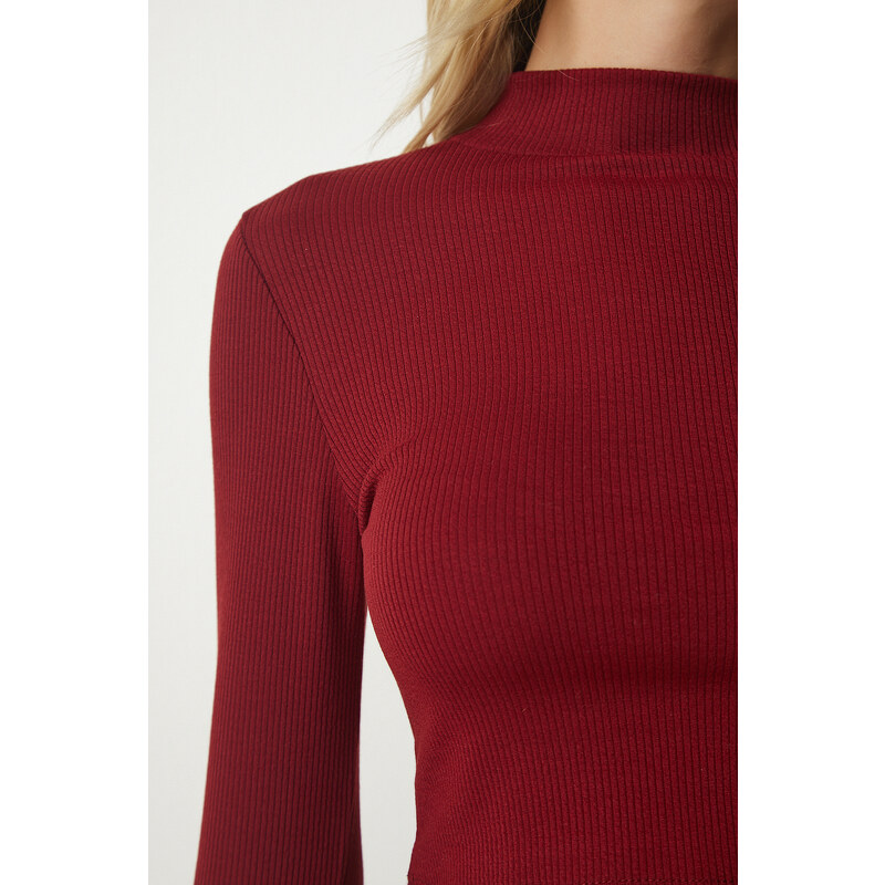 Happiness İstanbul Women's Burgundy High Neck Ribbed Camisole Crop Blouse