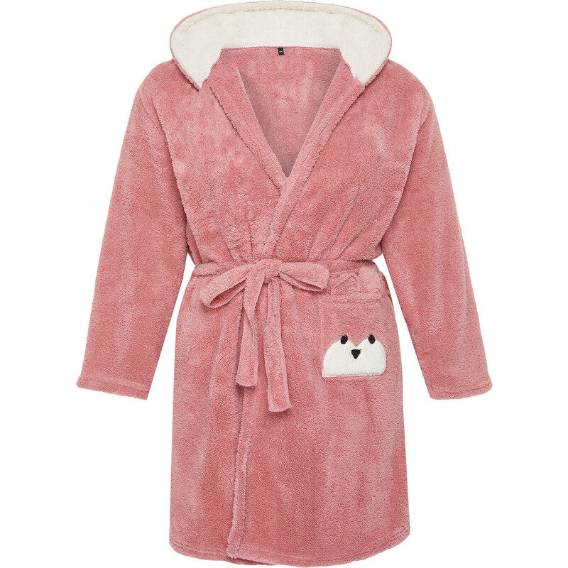 Trendyol Curve Powder Animal Figured Pocket Hooded Wellsoft Knitted Dressing Gown