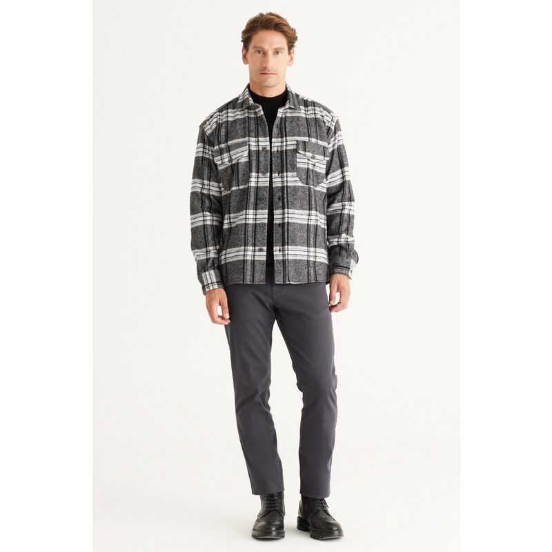 AC&Co / Altınyıldız Classics Pánská černo-šedá Oversize široký střih s knoflíky s límcem Plaid Lumberjack Zimní košile bunda