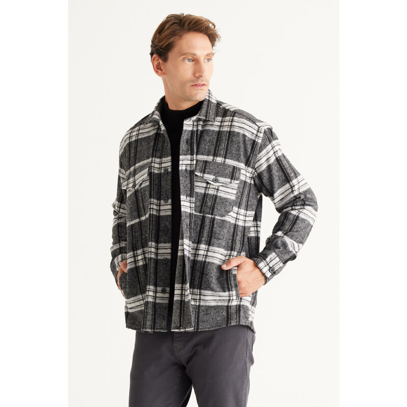 AC&Co / Altınyıldız Classics Pánská černo-šedá Oversize široký střih s knoflíky s límcem Plaid Lumberjack Zimní košile bunda