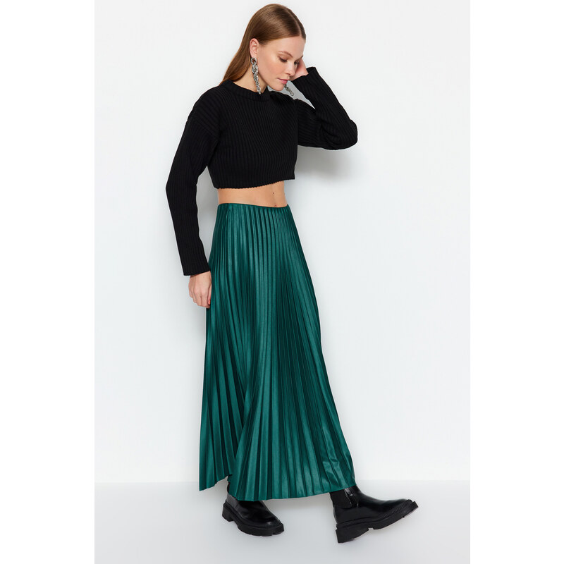 Trendyol Emerald Green Pleated Maxi Knitted Skirt