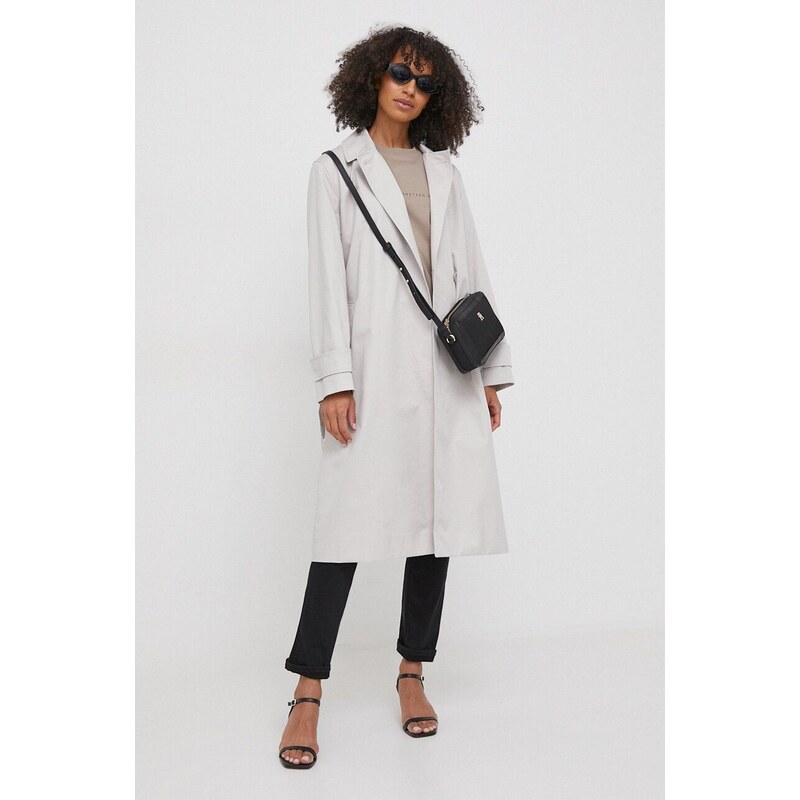 Trench kabát Calvin Klein dámský, šedá barva, přechodný, dvouřadový
