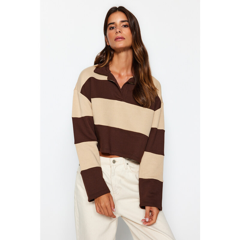 Trendyol Brown Color Block Polo Neck Relaxed Cut Crop Thick Knitted Sweatshirt