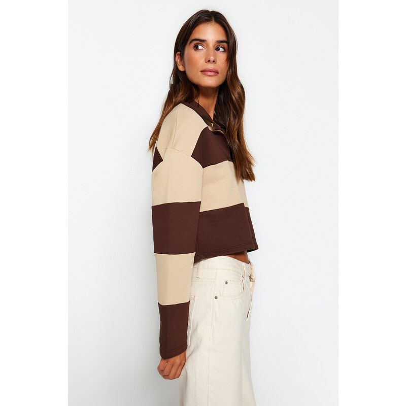 Trendyol Brown Color Block Polo Neck Relaxed Cut Crop Thick Knitted Sweatshirt