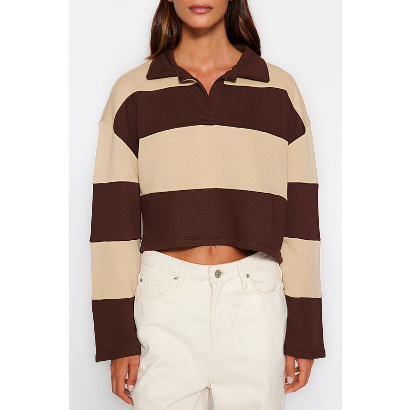 Trendyol Brown Color Block Polo Neck Relaxed Cut Crop Thick Knitted Sweatshirt