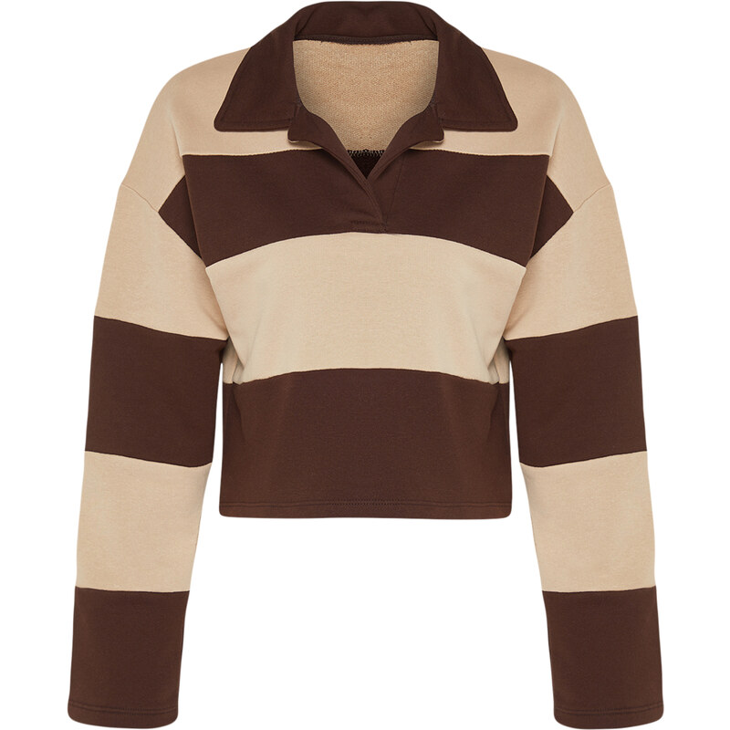 Trendyol Brown Color Block Polo Neck Relaxed Cut Crop Thick Knitted Sweatshirt