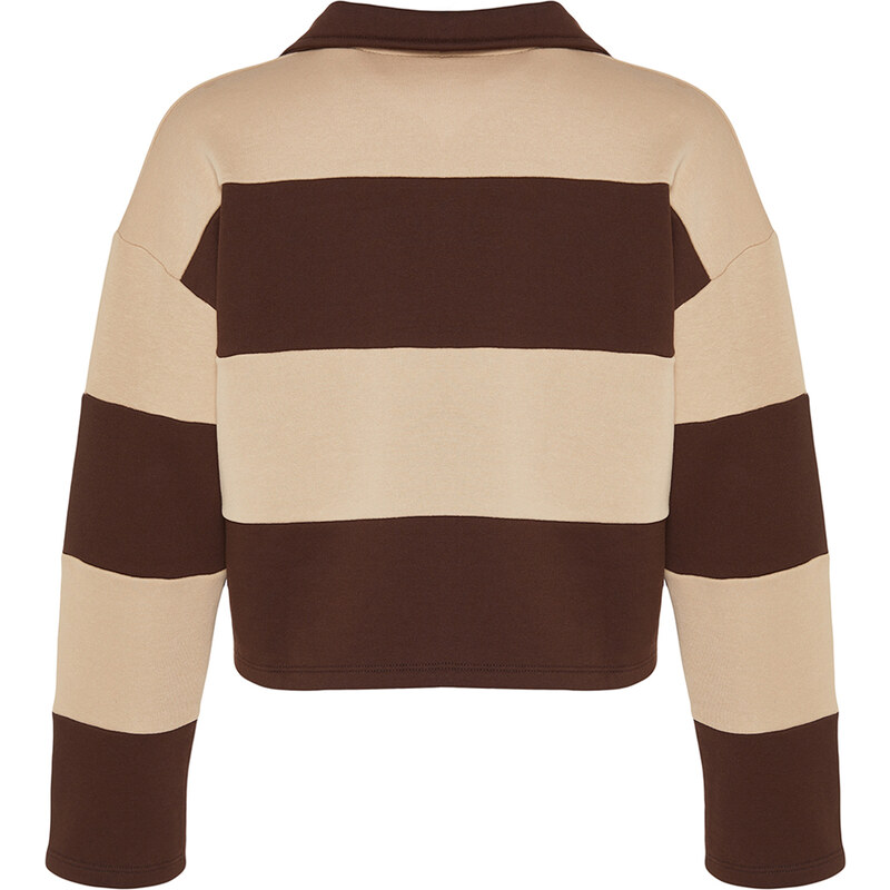 Trendyol Brown Color Block Polo Neck Relaxed Cut Crop Thick Knitted Sweatshirt