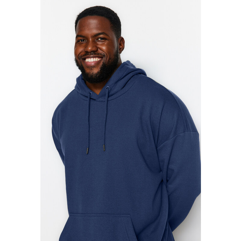 Trendyol Navy Plus Size Oversize/Wide-Fit Hooded Fleece Cotton Sweatshirt