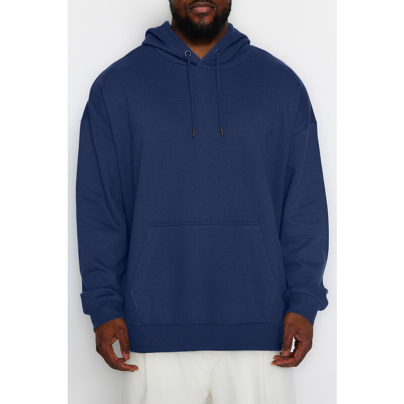 Trendyol Navy Plus Size Oversize/Wide-Fit Hooded Fleece Cotton Sweatshirt