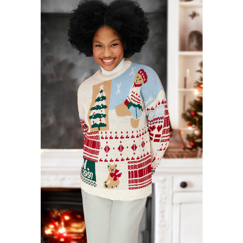 Trendyol Stone Christmas Themed Oversize Soft Textured Patterned Knitwear Sweater