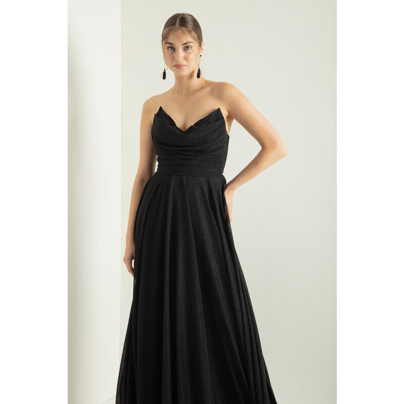 Lafaba Women's Black Chest Draped Slit Flared Silvery Evening Dress