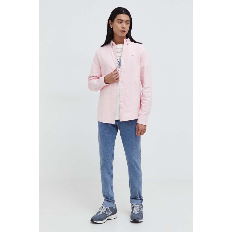 Košile Tommy Jeans růžová barva, regular, s límečkem button-down