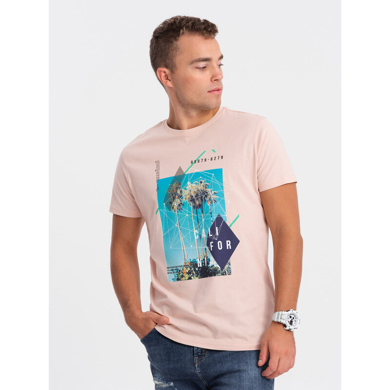 Ombre Clothing Pánské bavlněné tričko s potiskem - růžové V2 S1738