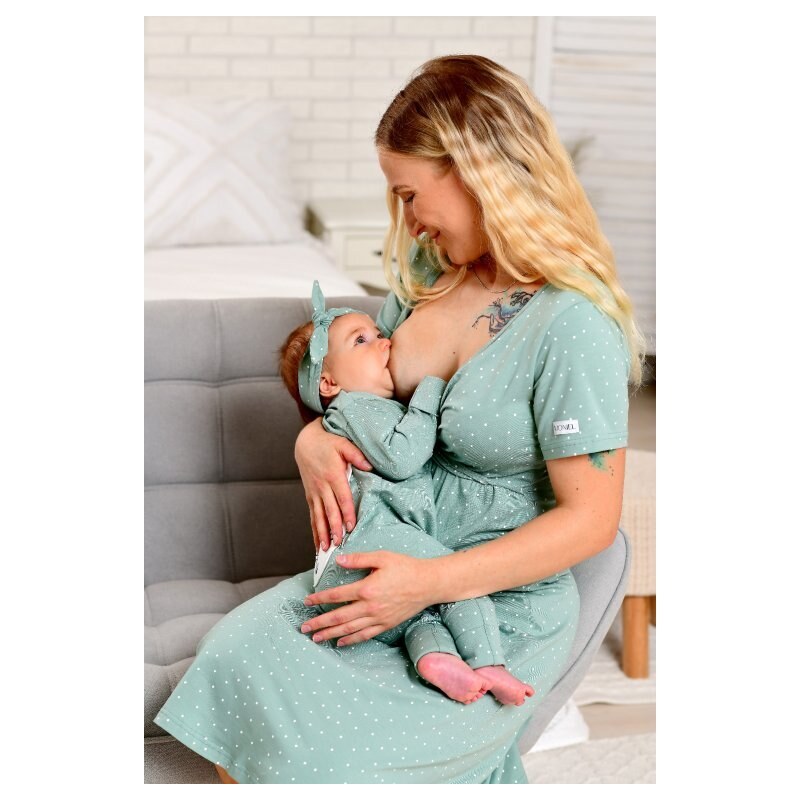 Moniel souprava do porodnice pro maminku vel. XL a miminko Newborn Dots mintová