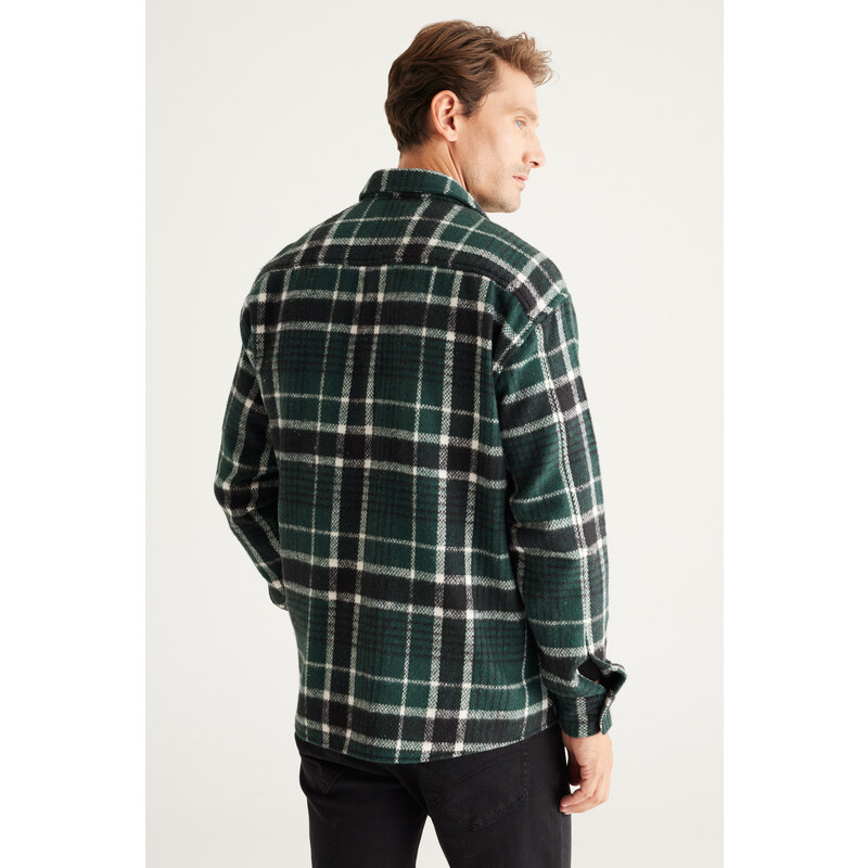 AC&Co / Altınyıldız Classics Pánské khaki-black Oversize Široký střih Knoflíkový límec Plaid Zimní košilová bunda