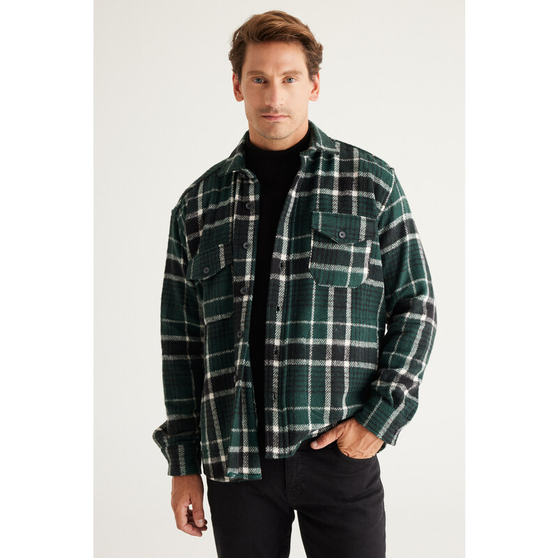 AC&Co / Altınyıldız Classics Pánské khaki-black Oversize Široký střih Knoflíkový límec Plaid Zimní košilová bunda