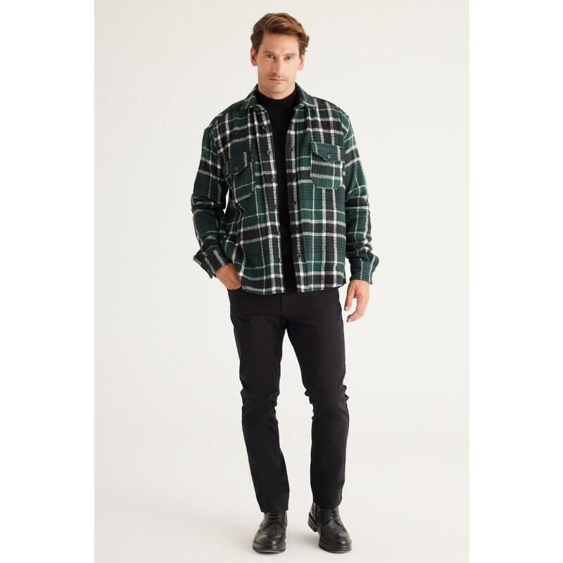 AC&Co / Altınyıldız Classics Pánské khaki-black Oversize Široký střih Knoflíkový límec Plaid Zimní košilová bunda