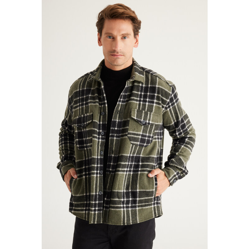 AC&Co / Altınyıldız Classics Men's Khaki-black Oversize Wide Cut Buttoned Collar Checkered Winter Shirt Jacket