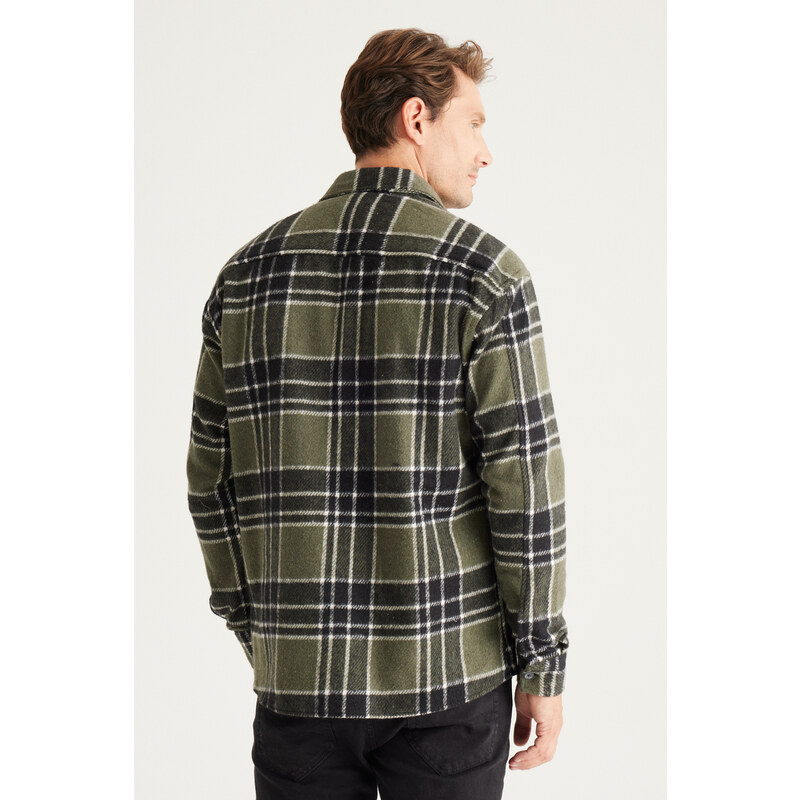 AC&Co / Altınyıldız Classics Men's Khaki-black Oversize Wide Cut Buttoned Collar Checkered Winter Shirt Jacket