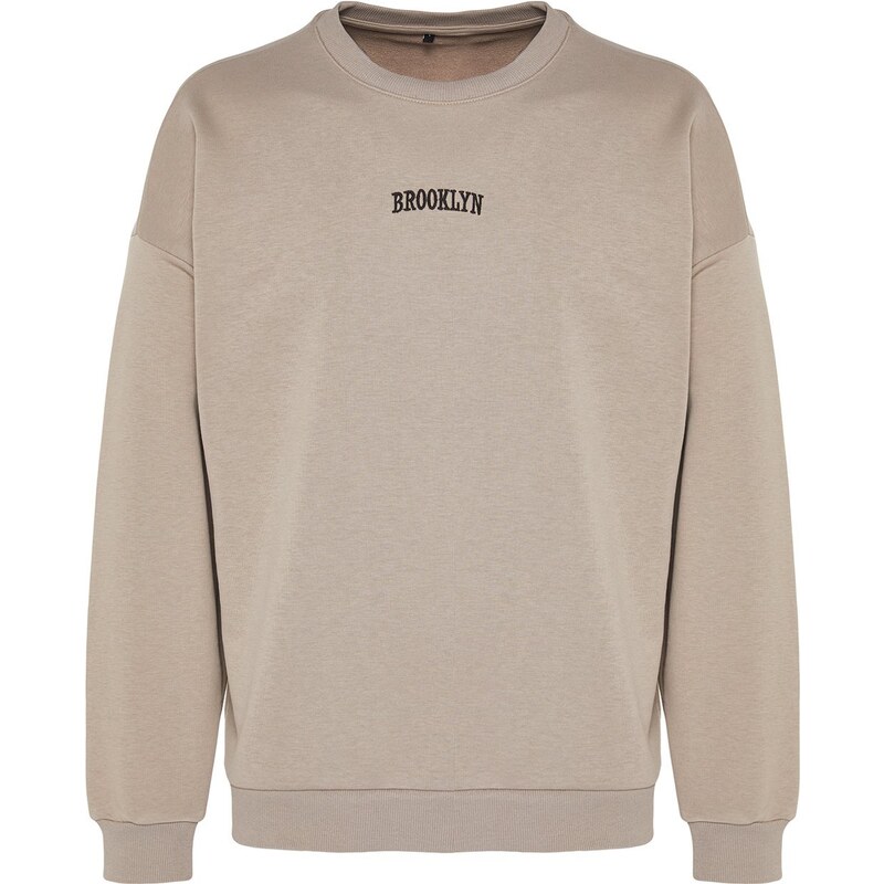 Trendyol Mink Oversize/Wide-Fit Brooklyn City Text Embroidery Thick Cotton Sweatshirt