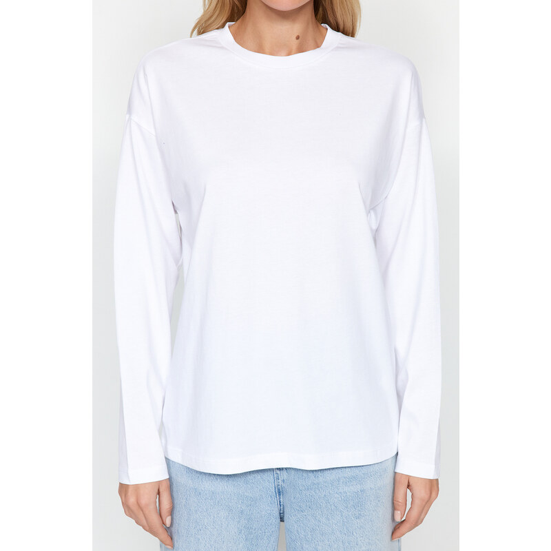 Trendyol White 100% Cotton Basic Crew Neck Long Sleeve Regular Fit Knitted T-Shirt