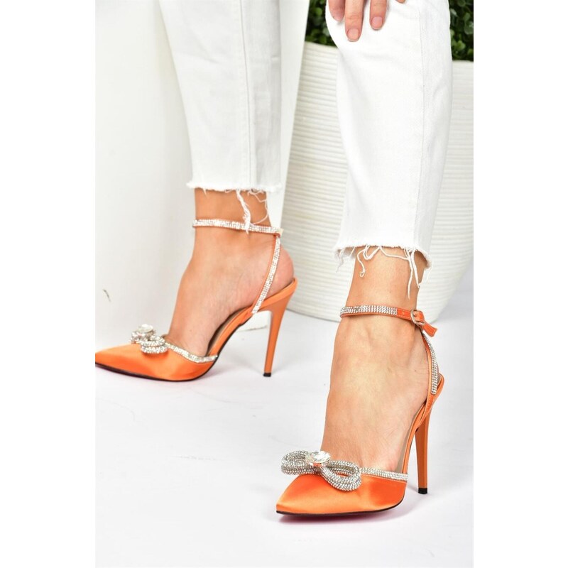 Fox Shoes Women's Heeled Shoes with Orange Satin Fabric and Stones