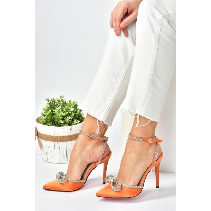 Fox Shoes Women's Heeled Shoes with Orange Satin Fabric and Stones