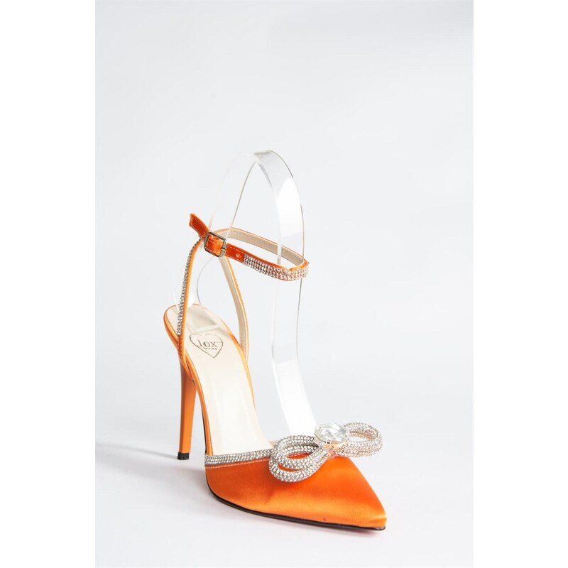 Fox Shoes Women's Heeled Shoes with Orange Satin Fabric and Stones