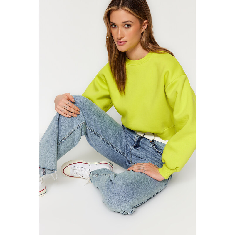 Trendyol Yellow Casual Fit Crop Basic Crew Neck Fleece Inside Knitted Knitted Sweatshirt