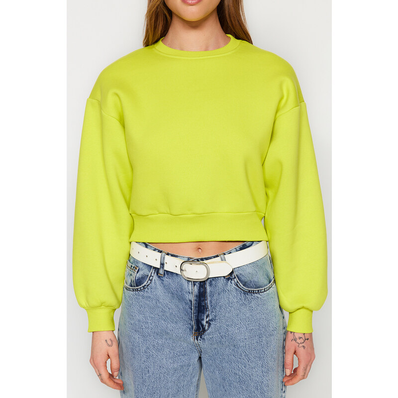 Trendyol Yellow Comfortable Cut Crop Basic Crew Neck Thick Fleece Inside Knitted Knitted Sweatshirt