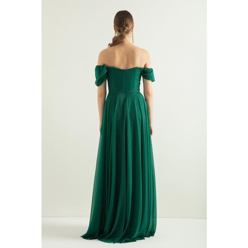 Lafaba Dámské smaragdově zelené lodičkové šaty s dlouhým stříbřitým výstřihem