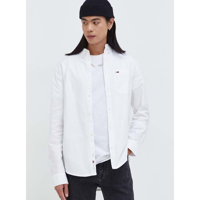 Košile Tommy Jeans bílá barva, regular, s límečkem button-down